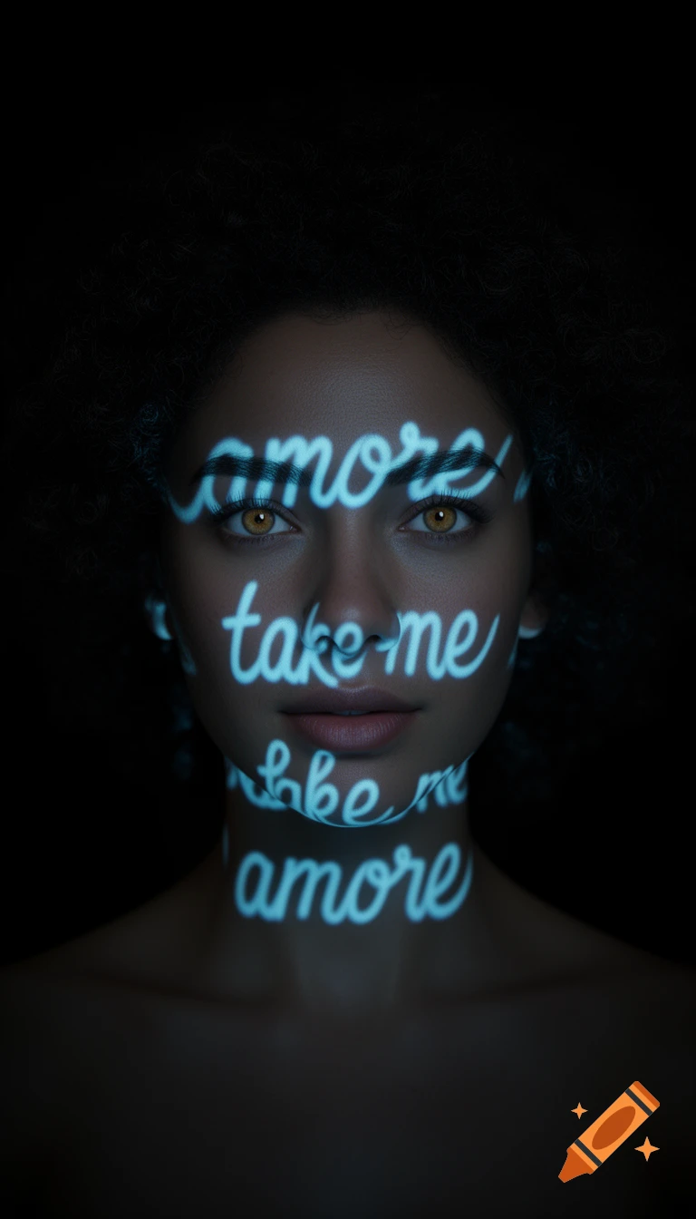 Close-up portrait of a person with dark curly hair and hazel eyes, illuminated by projected blue glowing text on their face.