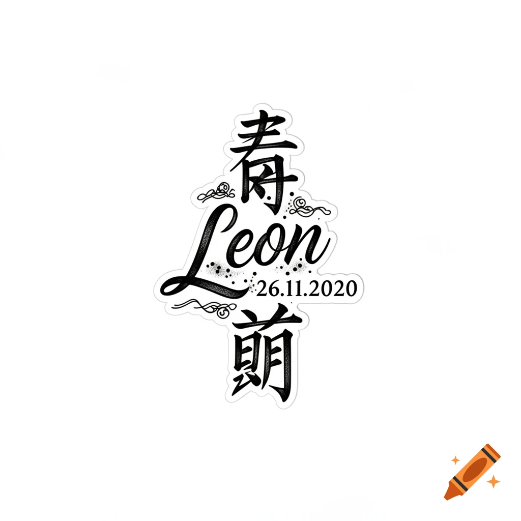 A tattoo design sticker featuring the name Leon in script, a date, and Chinese characters on a white background.