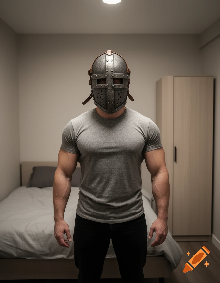 Photorealistic image of a muscular man wearing a metal medieval helmet, standing in a small bedroom.