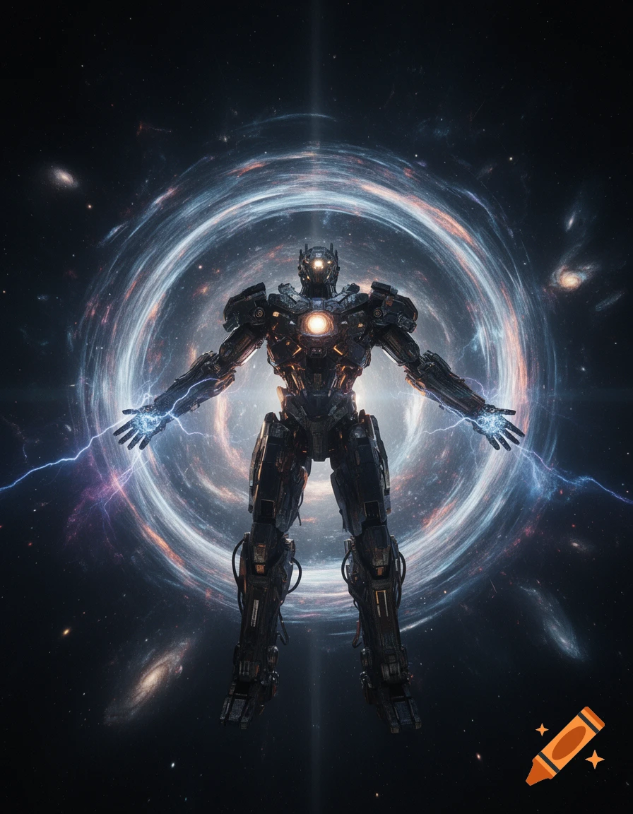 Cinematic photorealistic shot of a massive cybernetic robot opening a glowing wormhole portal in deep space.