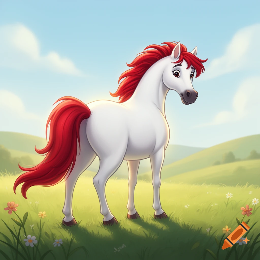 A cartoon style illustration of a white horse with a red mane and tail standing in a grassy field with rolling hills.