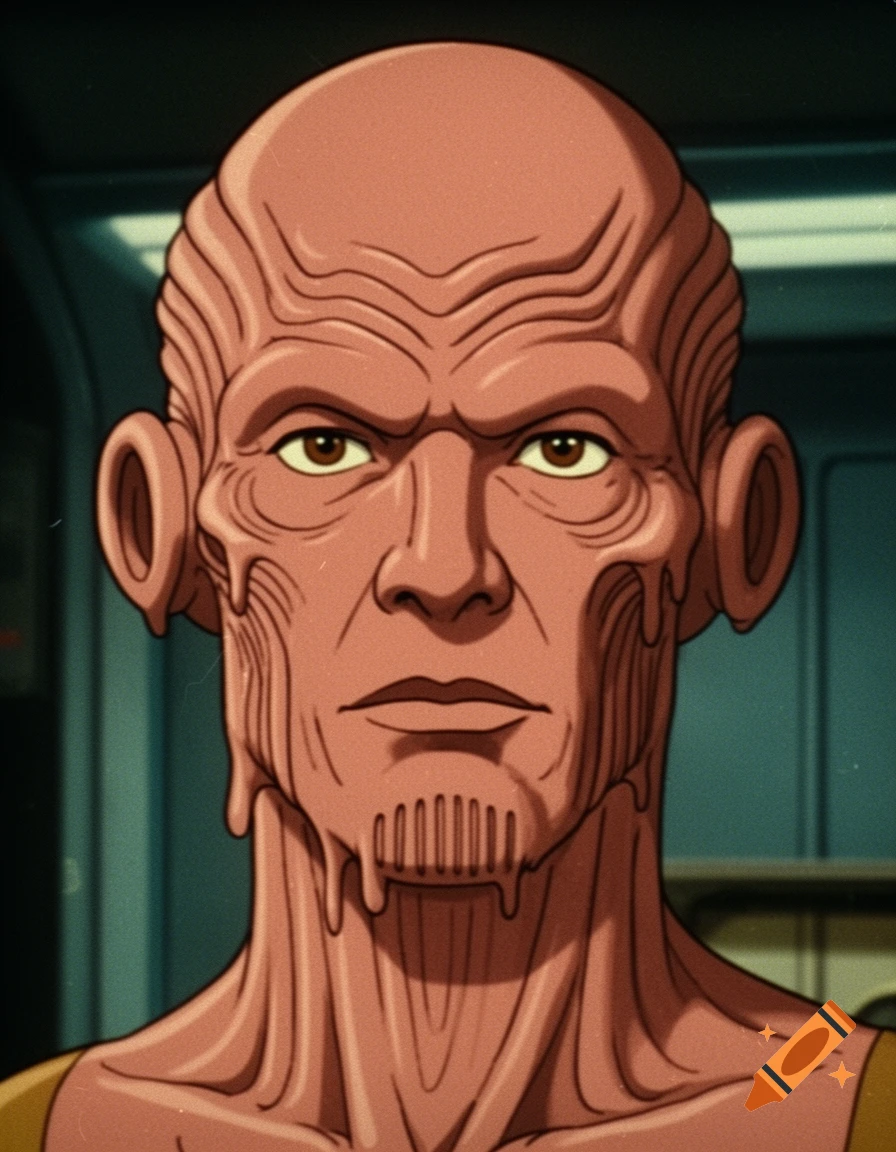Medium close-up of a bald humanoid alien with dusty-pink melting skin folds, in 1970s animated sci-fi style.