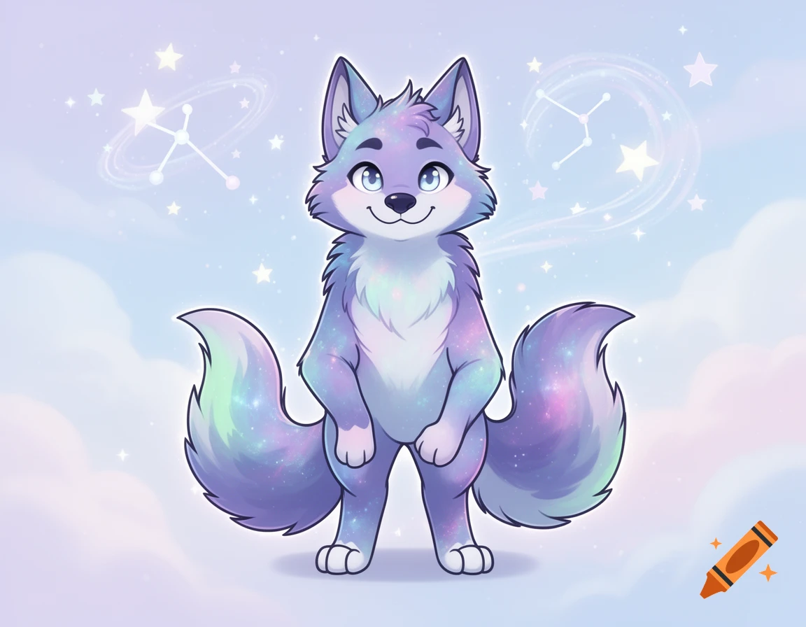 Anthro wolf with galaxy-colored fur, two tails, and star constellations in the background, in pastel cartoon style.