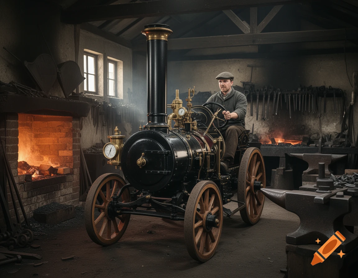 Photorealistic image of a historical steam wagon inside a blacksmith workshop, driven by a man in a flat cap.