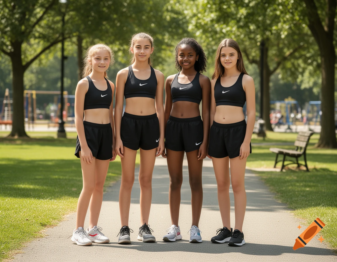 Four teenage girls wearing black athletic crop tops and shorts standing on a park path, photorealistic.