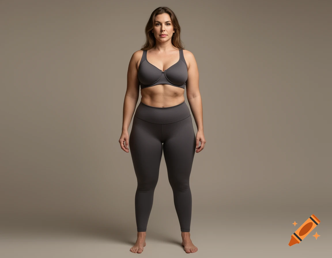 Full-body photorealistic portrait of a woman standing against a neutral background, wearing a grey sports bra and leggings.