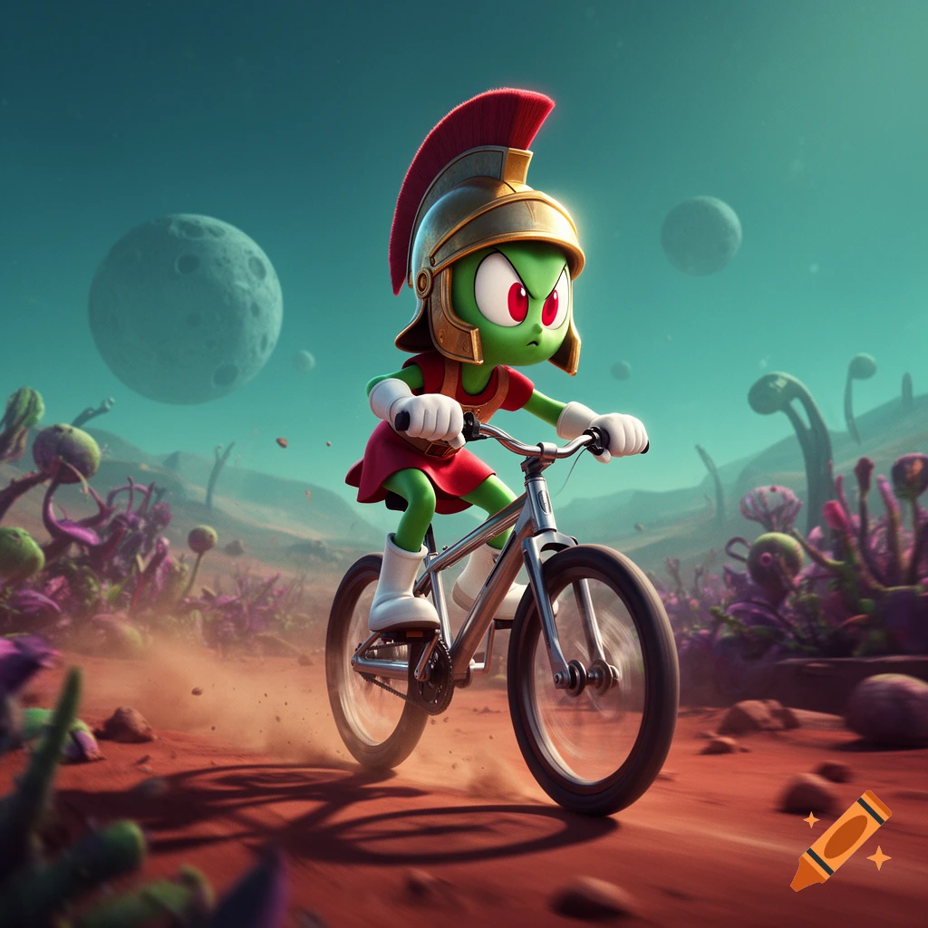 Marvin the Martian riding a bicycle across a red alien landscape with green flora and moons in a teal sky, 3D render style.