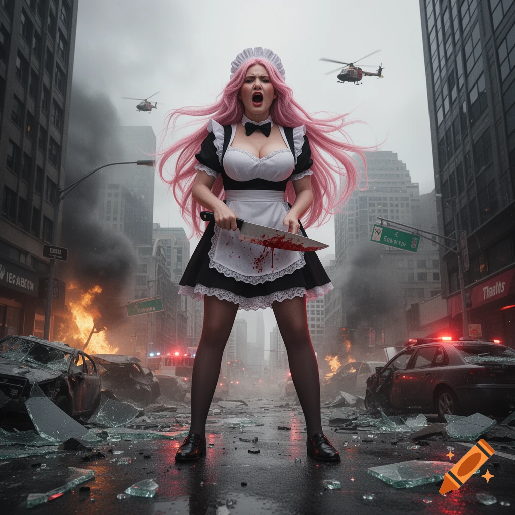 A giant pink-haired woman in a maid outfit holding a bloody knife amid a destroyed city street with cars and smoke, photorealistic style.