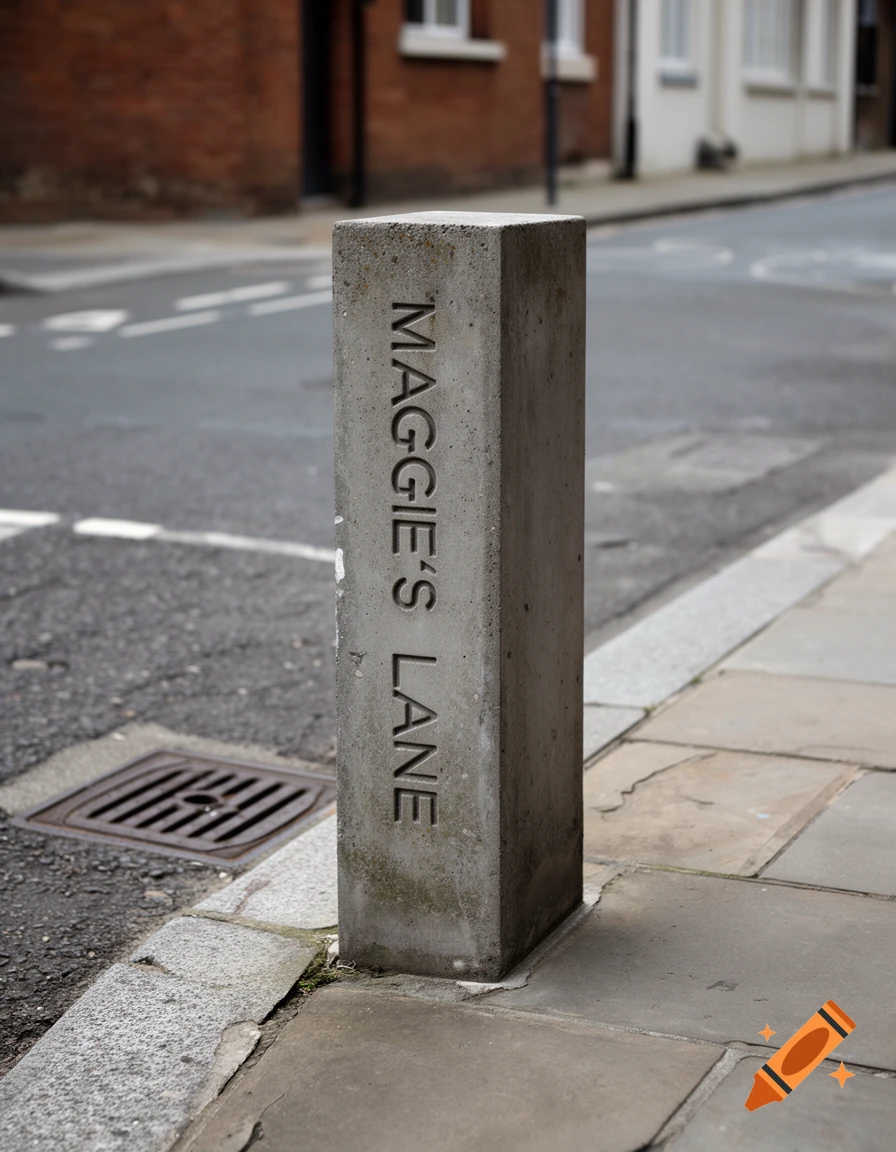 Photorealistic concrete plinth with debossed text reading 'MAGGIE'S LANE' at a street corner.