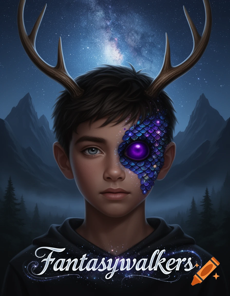 Digital illustration of a young boy with deer antlers and cosmic scales over his left eye against a starry night sky and mountain background, with 'Fantasywalkers' text at the bottom.