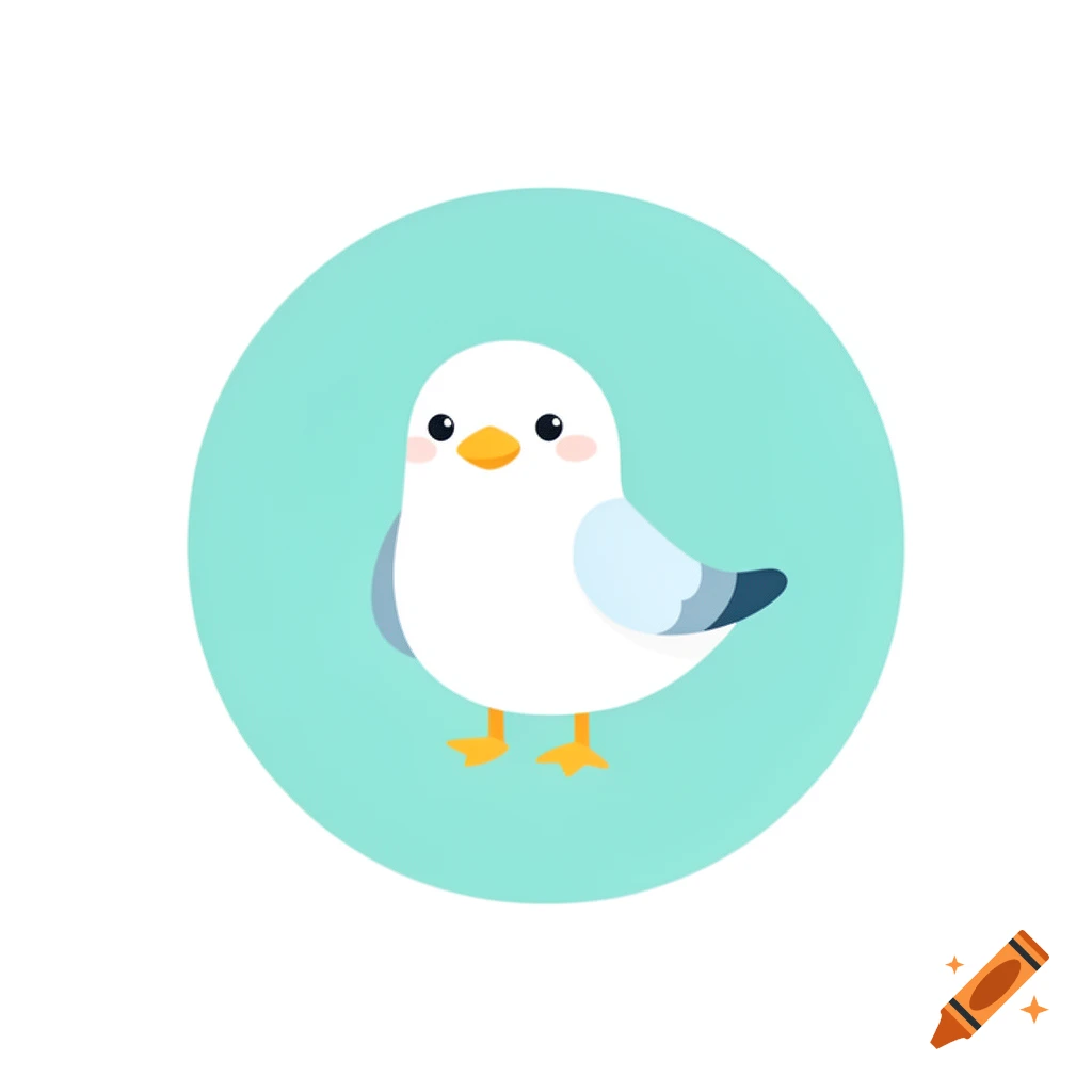 Minimalist vector illustration of a cute cartoon seagull on a turquoise circle background