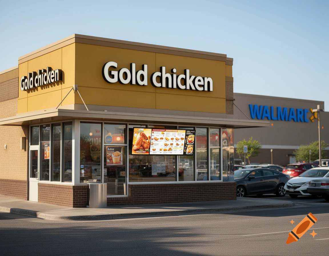 Photorealistic exterior view of a Gold chicken fast-food restaurant with a Walmart store visible in the background.