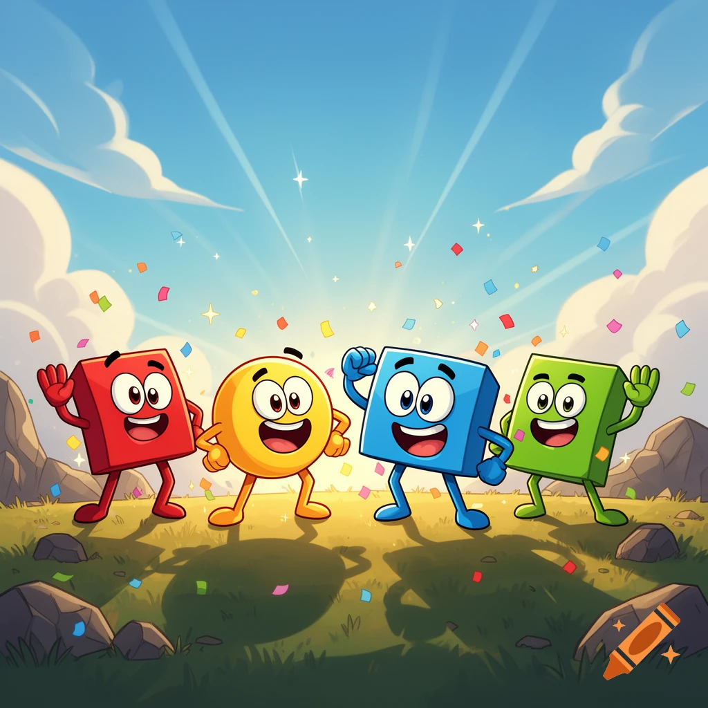 Four colorful, cartoonish block and circle characters with smiling faces and limbs standing on a grassy hill under a bright sky with confetti.