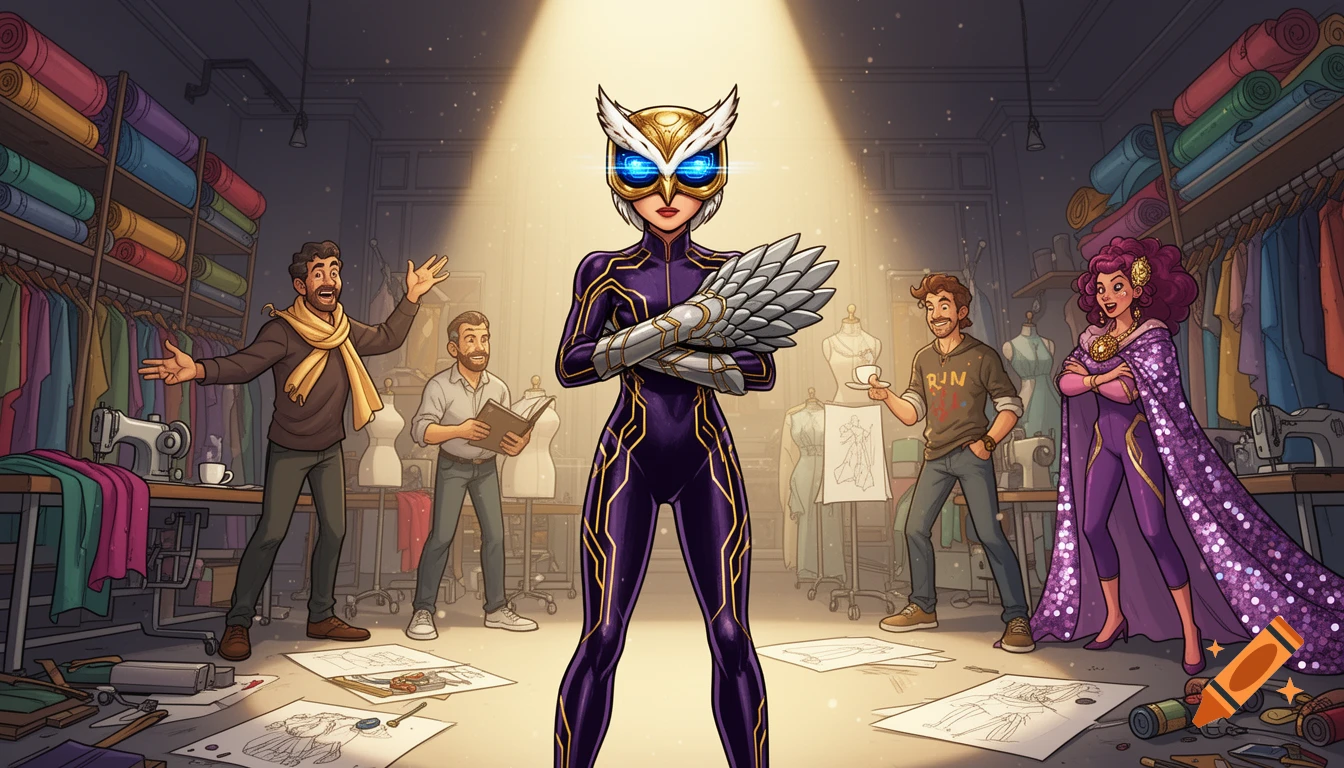 Cartoon wide-angle shot of a costume design studio with a girl in a purple bodysuit and owl mask, surrounded by designers.