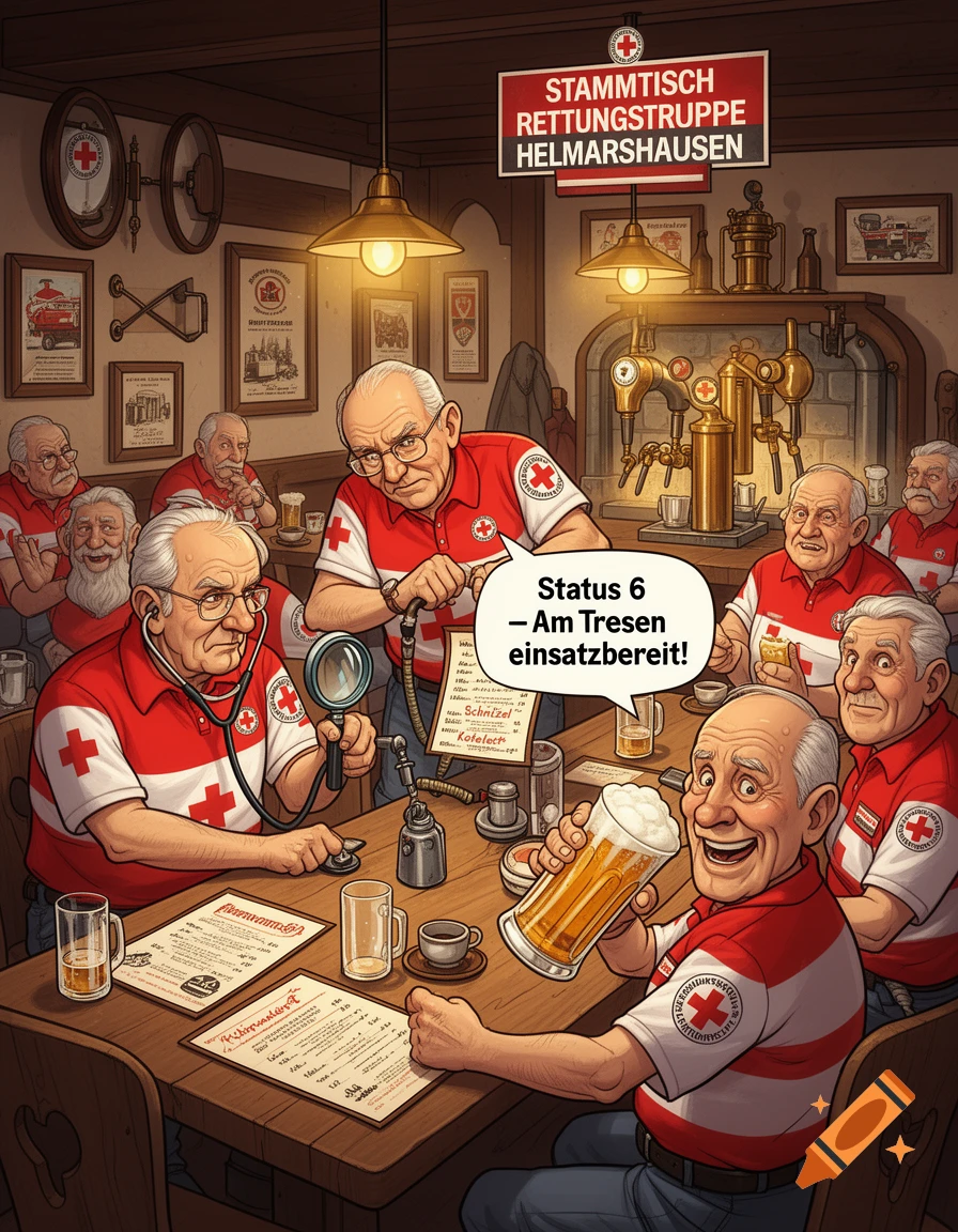 Cartoon illustration of elderly men in Red Cross uniforms gathered in a pub, drinking beer and examining equipment.