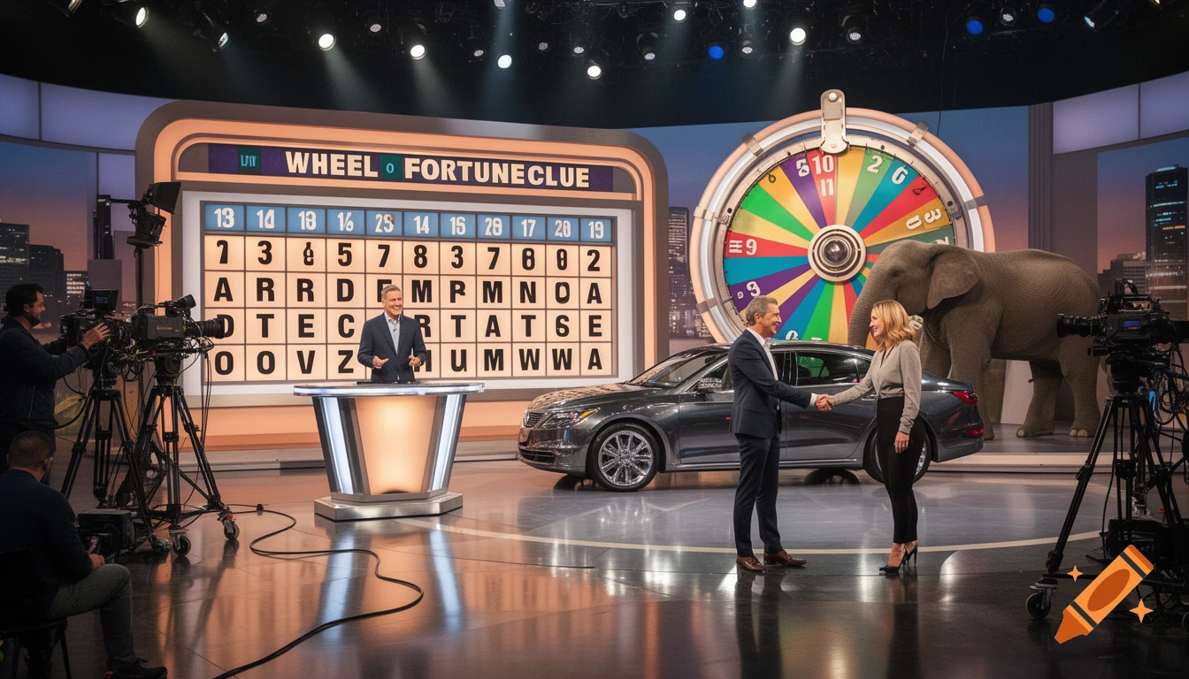 Photorealistic television game show set featuring a puzzle board with gibberish text, a host, a car, contestants shaking hands, and a giant elephant.