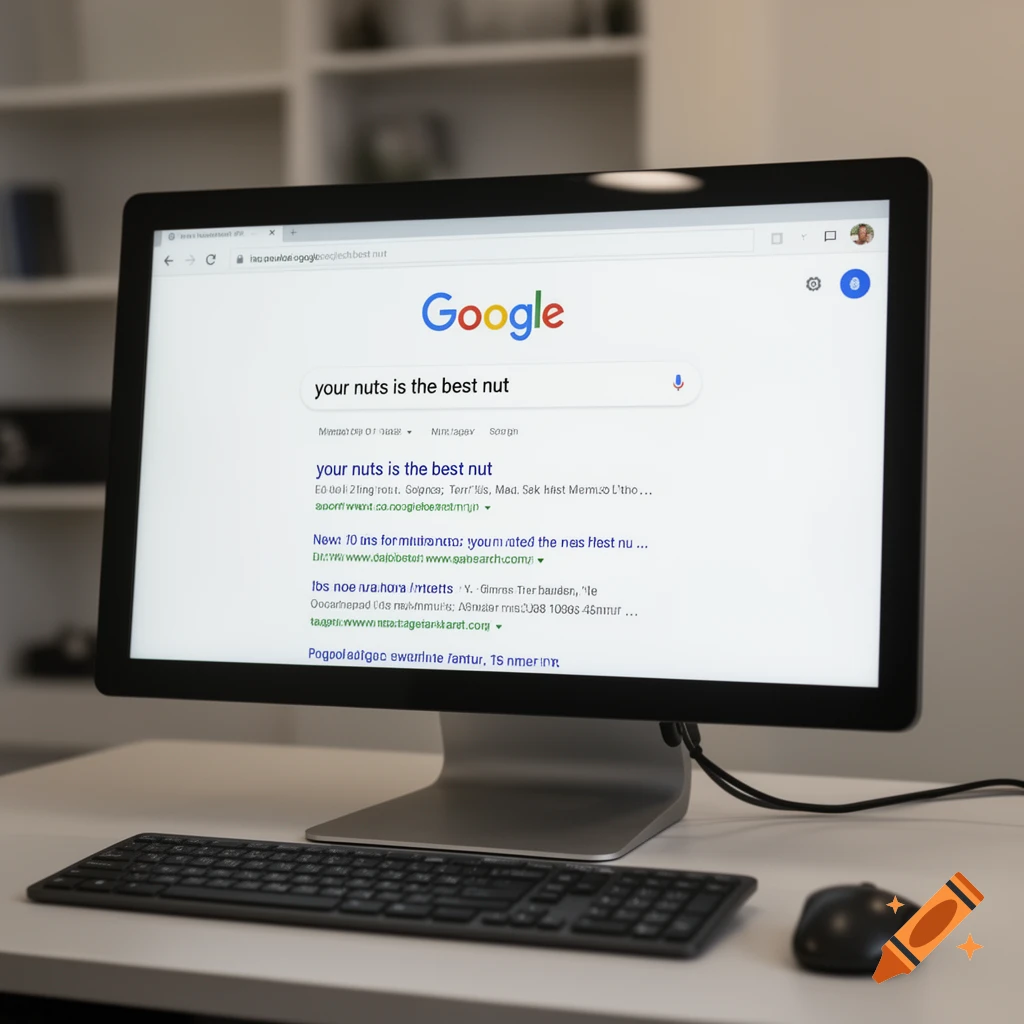 A computer monitor displaying a Google search page with the query 'your nuts is the best nut', set on a white desk with a keyboard and mouse.