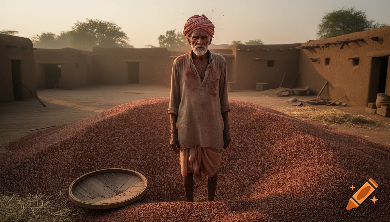An exhausted Indian farmer standing in a massive heap of red millet grain in a traditional village.
