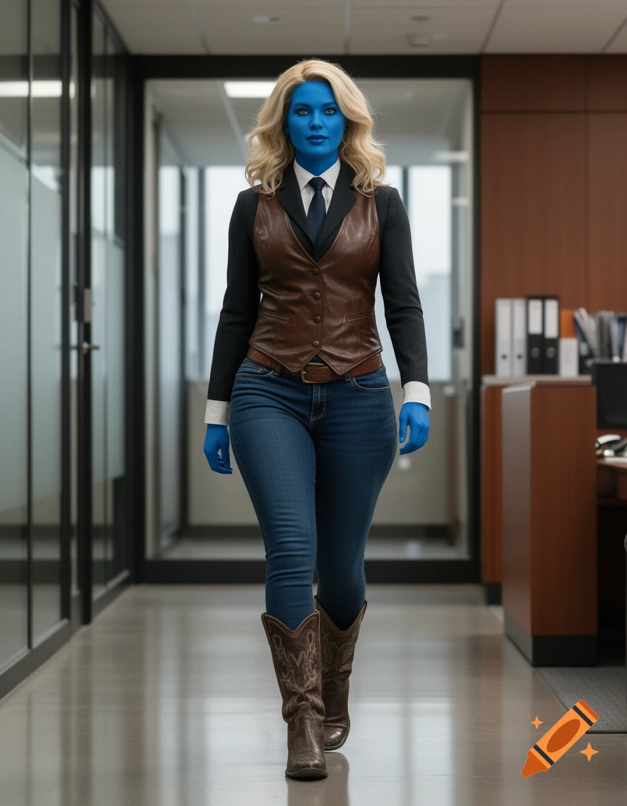 A photorealistic full-body portrait of a woman with blue skin and blonde hair wearing a suit vest and cowgirl boots in an office hallway.