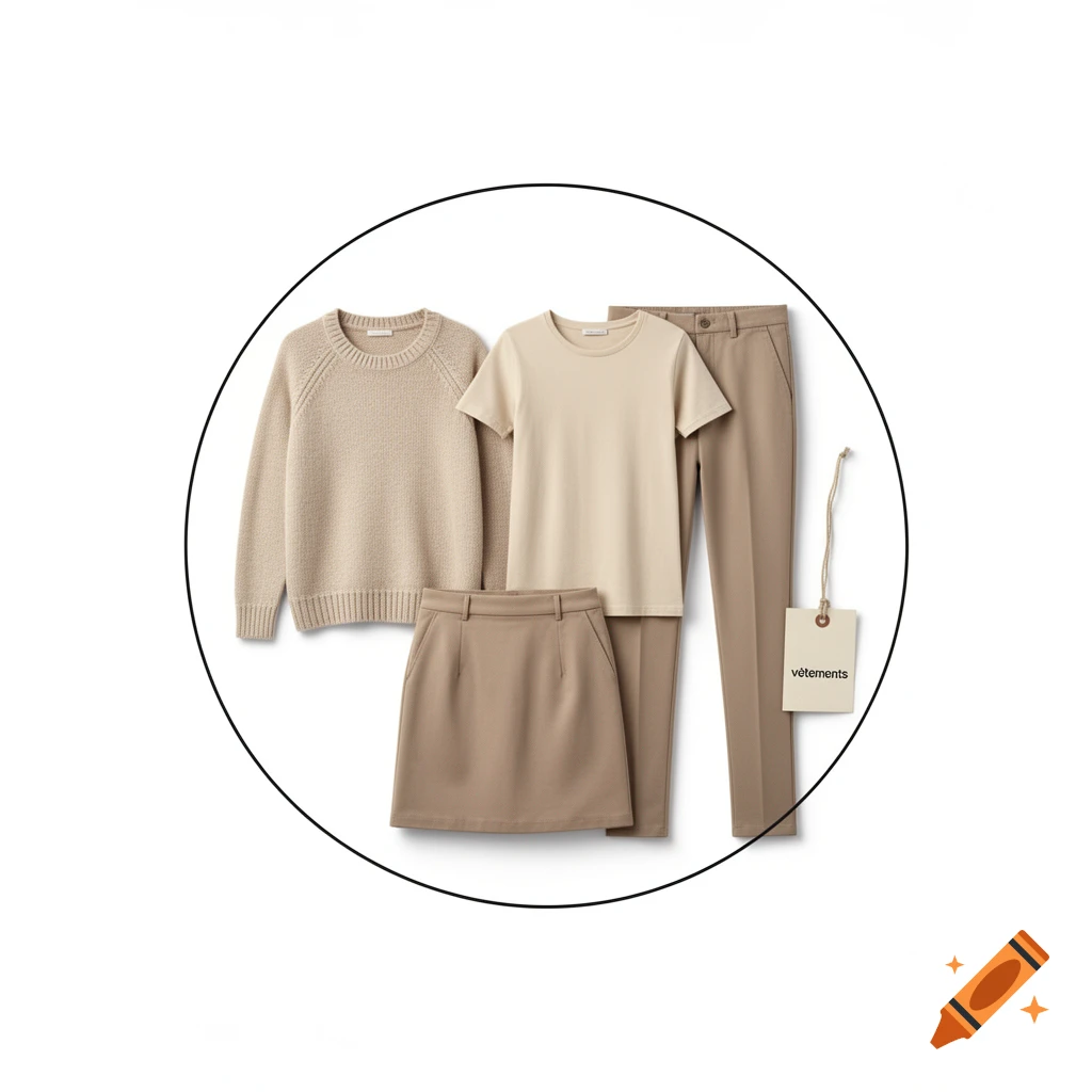Beige sweater, t-shirt, skirt, and trousers arranged in a circle with a clothing tag on a white background.