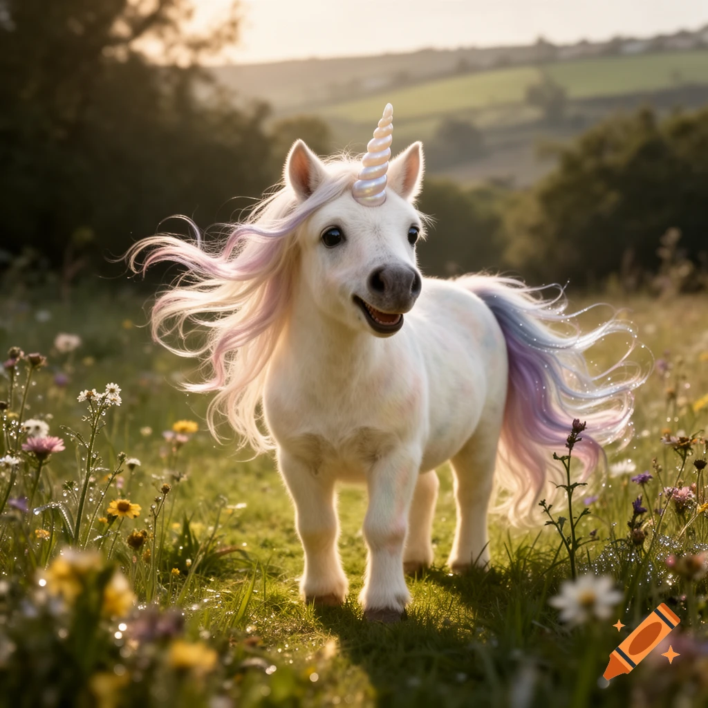 A photorealistic miniature unicorn with a pastel pink and purple mane and tail standing in a sunny grassy meadow filled with wildflowers.