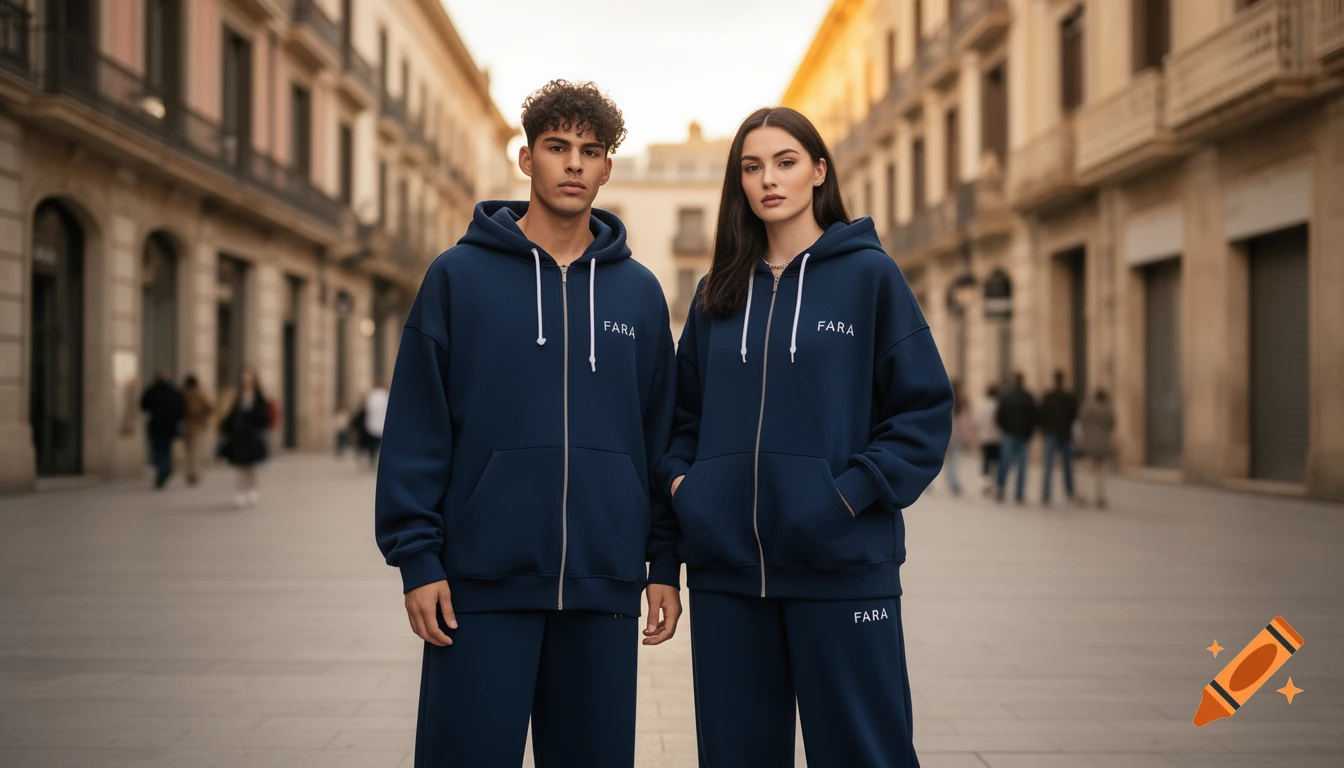 Photorealistic fashion campaign shot of a young man and woman wearing matching navy blue zip-up hoodies with 'FARA' text in an urban street setting during golden hour.