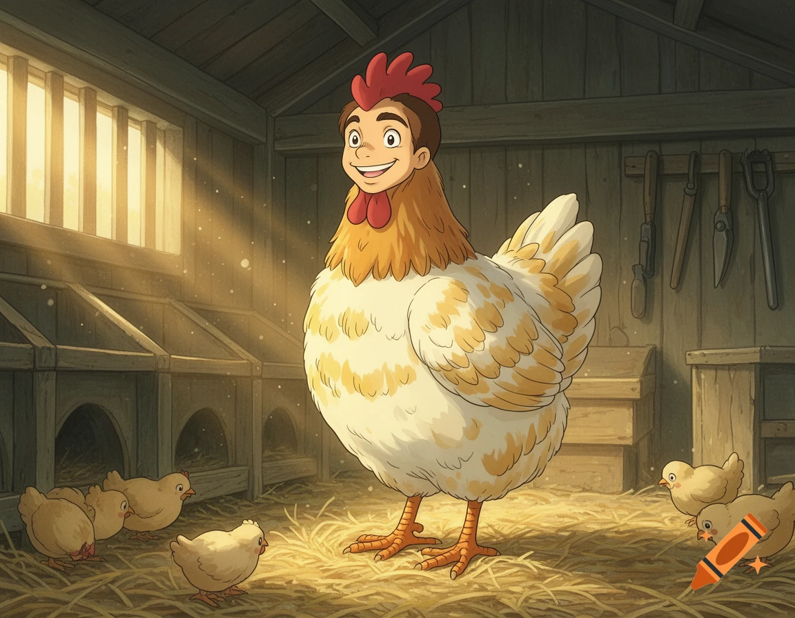 Studio Ghibli style illustration of a humanoid chicken with a smiling man's head inside a rustic wooden chicken coop.