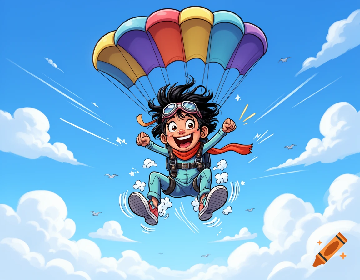 Cartoon illustration of an excited young person skydiving with a colorful parachute against a bright blue sky with clouds.