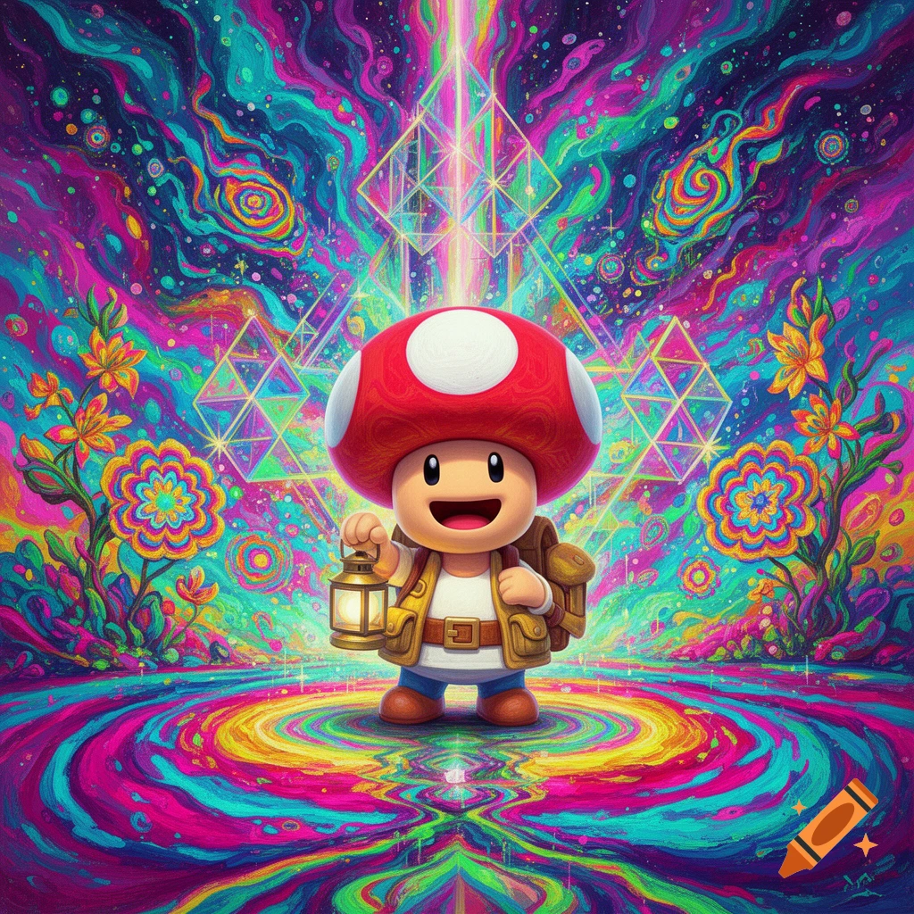 Captain Toad holding a lantern standing on a colorful, psychedelic patterned ground against a vibrant cosmic background.