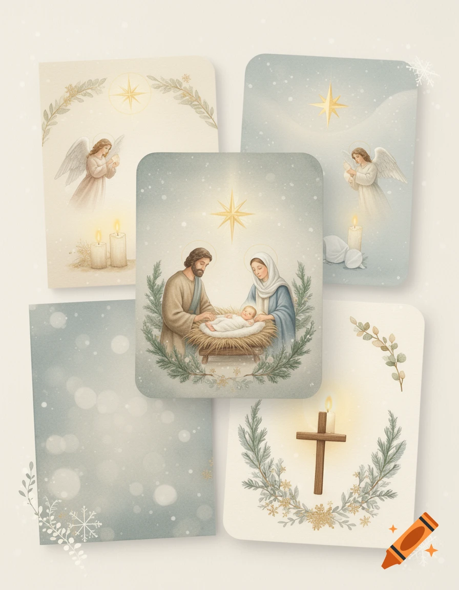 Soft watercolor-style Christian Christmas cards featuring the Nativity scene, angels, candles, and a cross.