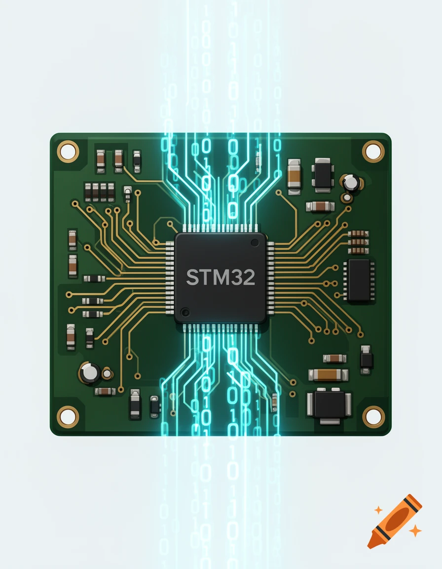 Digital clip art of a green PCB with an STM32 chip and glowing binary code streams.