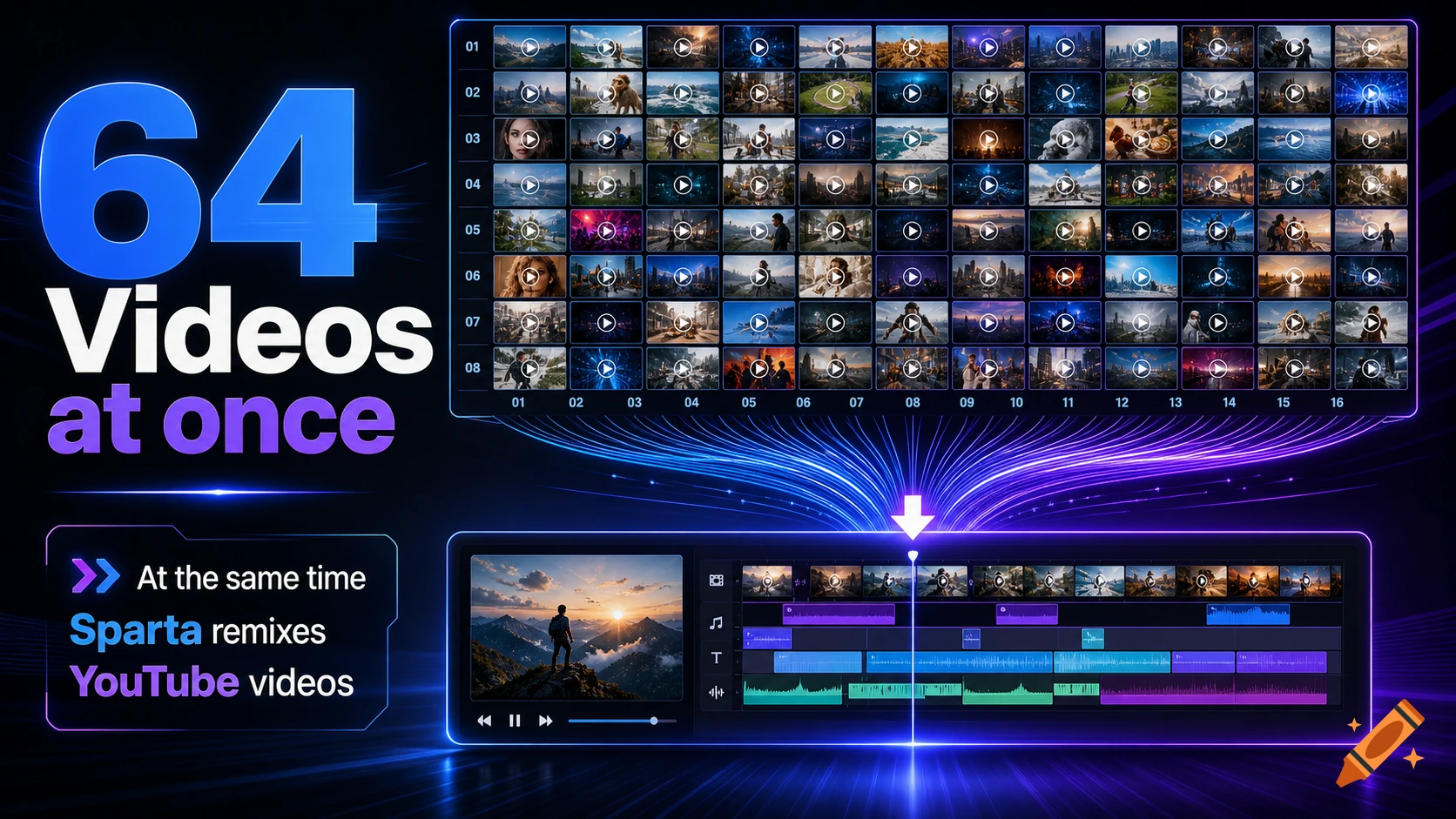 Futuristic UI interface showcasing video editing software with multiple video grids and timeline tracks.