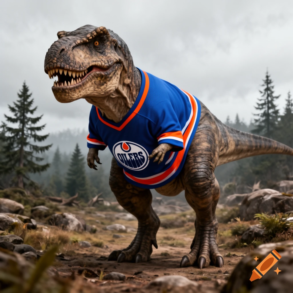 A photorealistic T-Rex wearing a blue and orange Edmonton Oilers hockey jersey standing in a forest.