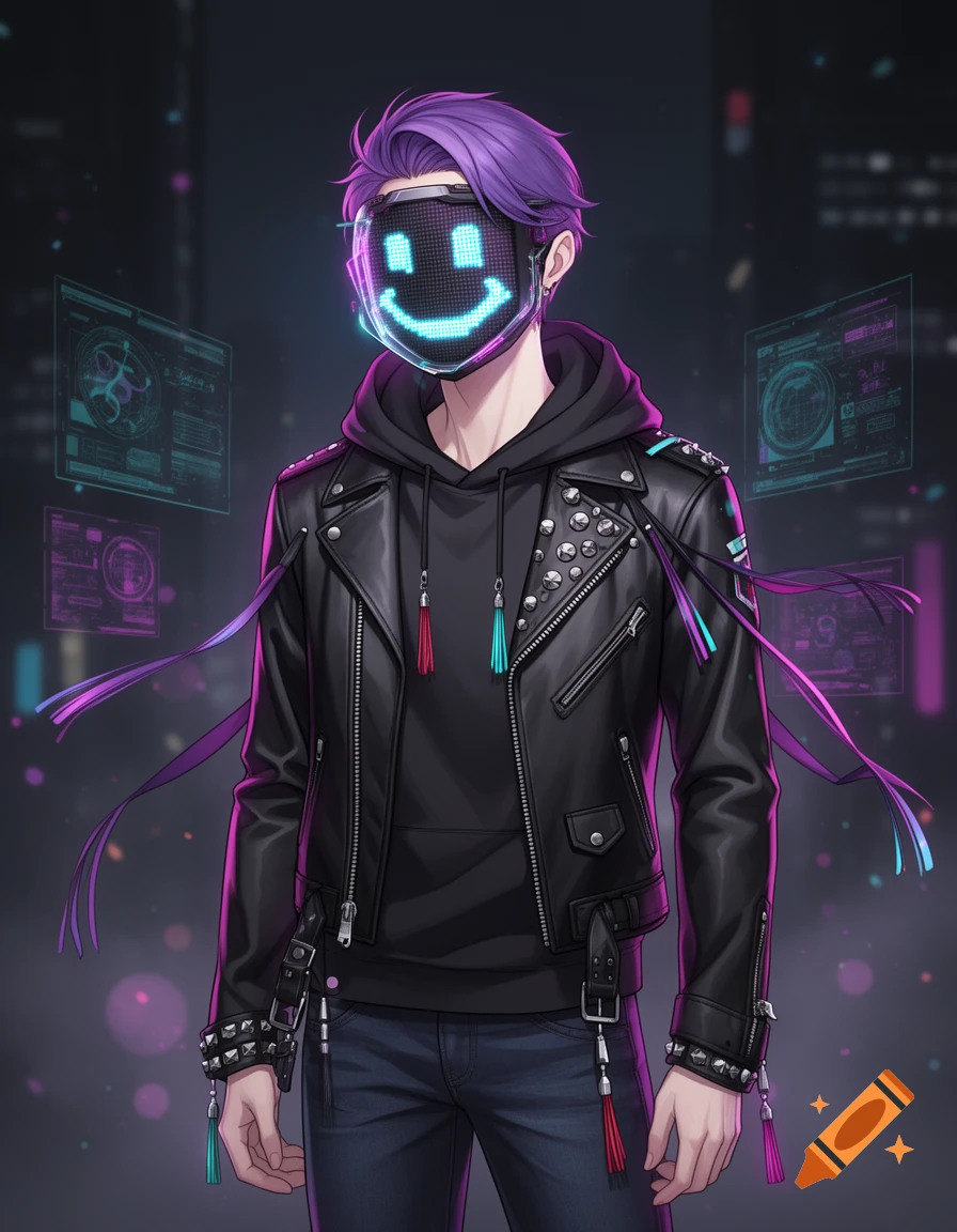 Anime-style illustration of a person with purple hair wearing a glowing pixel-smile LED mask, black punk leather jacket, and hoodie.