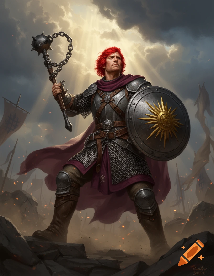 Digital painting of a male D&D cleric with red hair, banded mail armor, a spiked flail, and a shield with a sunburst symbol.