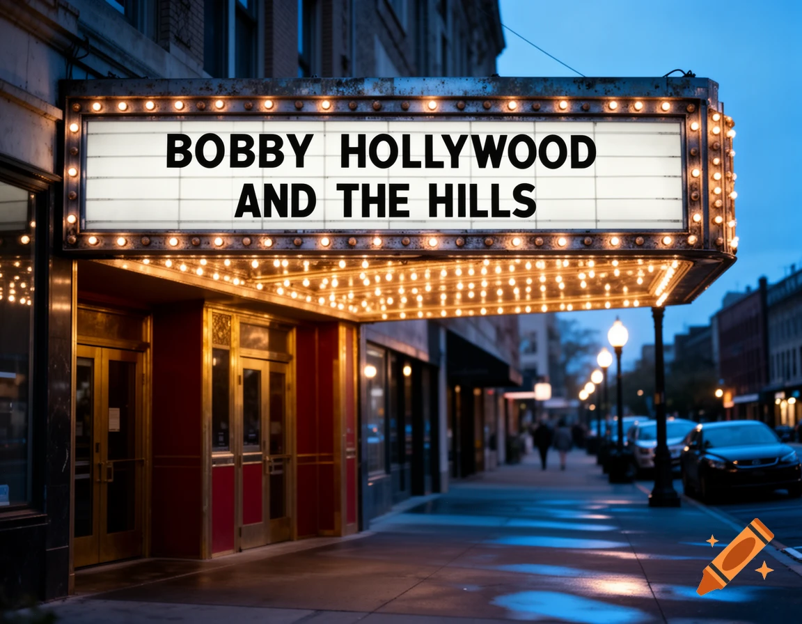Photorealistic image of a lit movie theater marquee reading 'Bobby Hollywood and the Hills' at dusk on a city street.