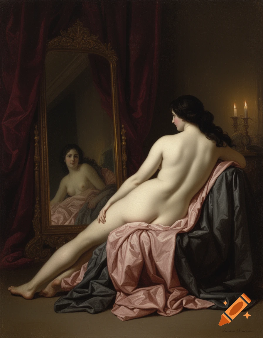 Classical oil painting of a nude woman viewed from the back, looking at her reflection in an ornate mirror.