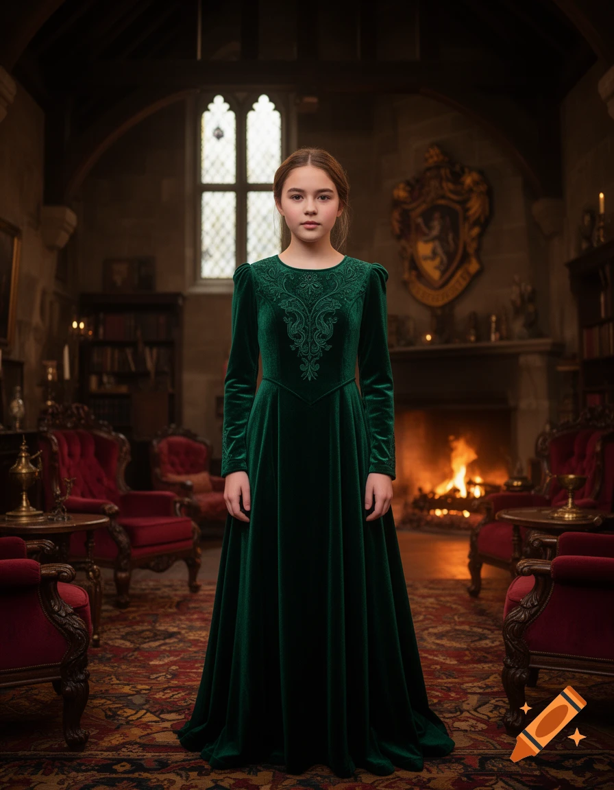 Photorealistic portrait of a young girl in a green velvet dress standing in the Gryffindor common room.
