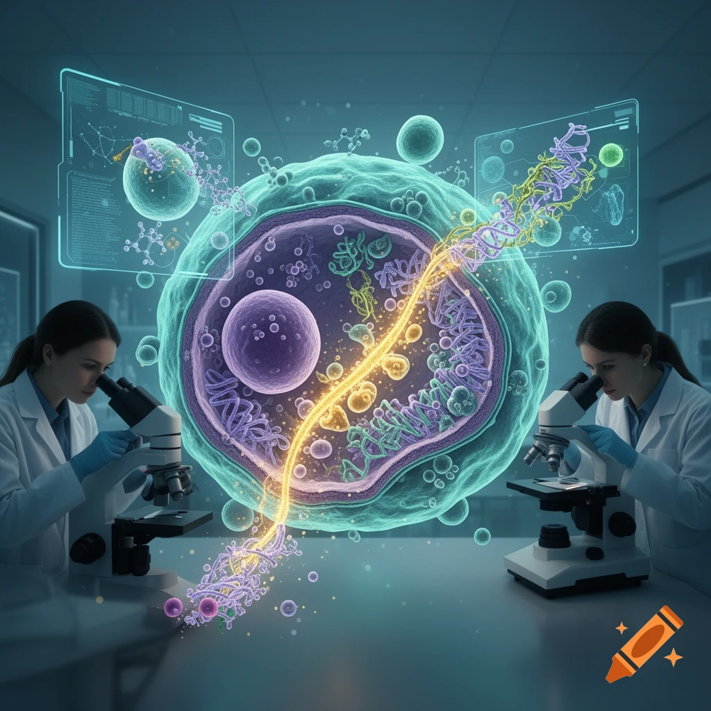 Two researchers in white lab coats examining a holographic cell model with microscopes in a modern laboratory.