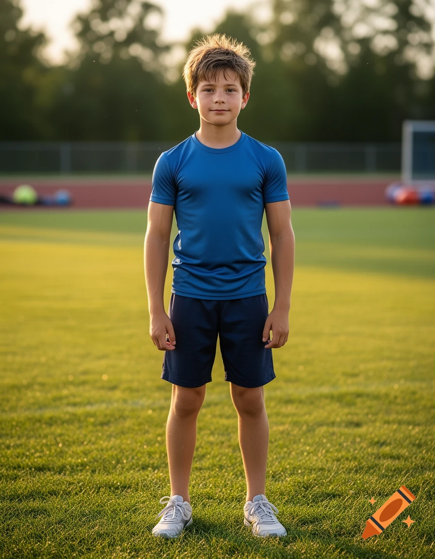 Photorealistic full-body portrait of an 11-year-old boy in athletic wear standing on a grassy field at sunset.