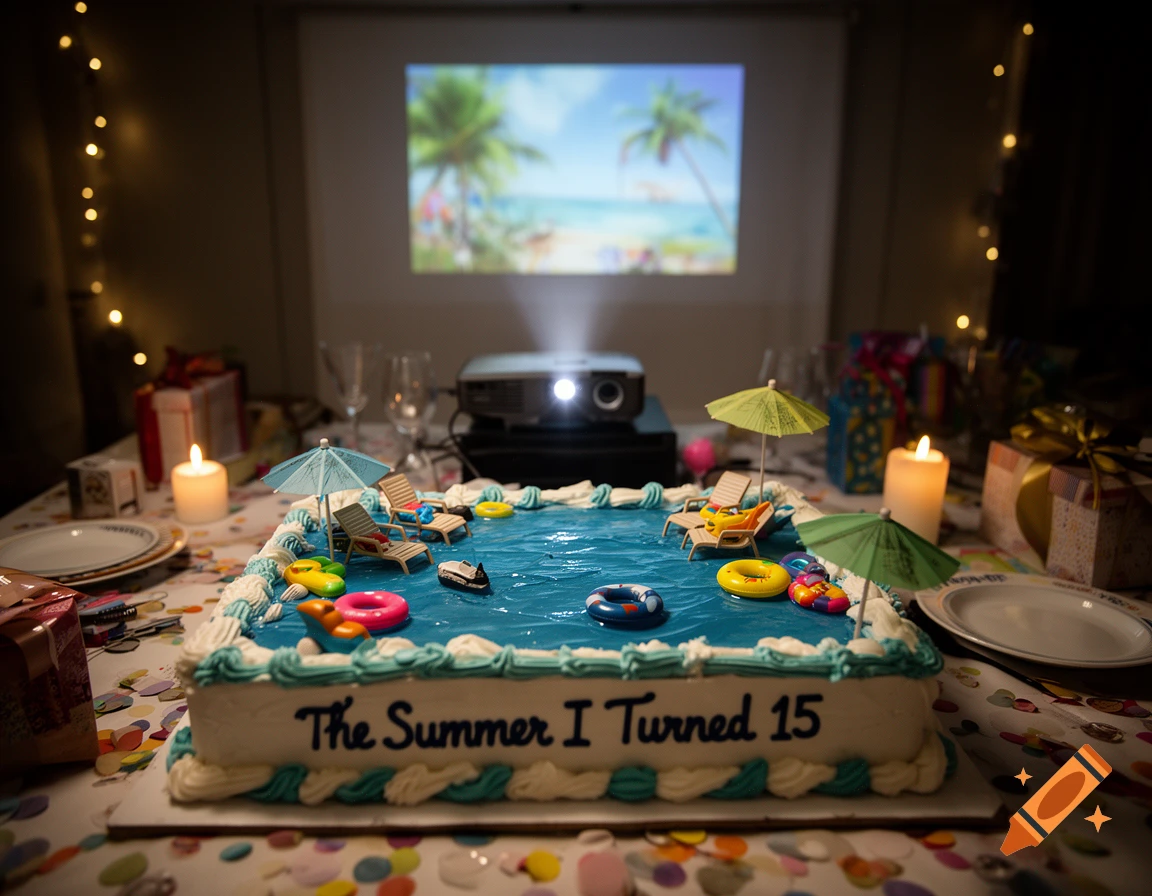 A sheet cake decorated as a swimming pool with miniature lounge chairs and umbrellas, featuring the text 'The Summer I Turned 15'.