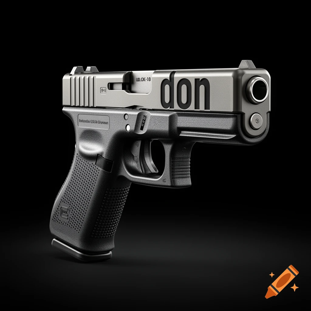 Photorealistic Glock-18 pistol with the word 'don' on the slide, set against a black background.