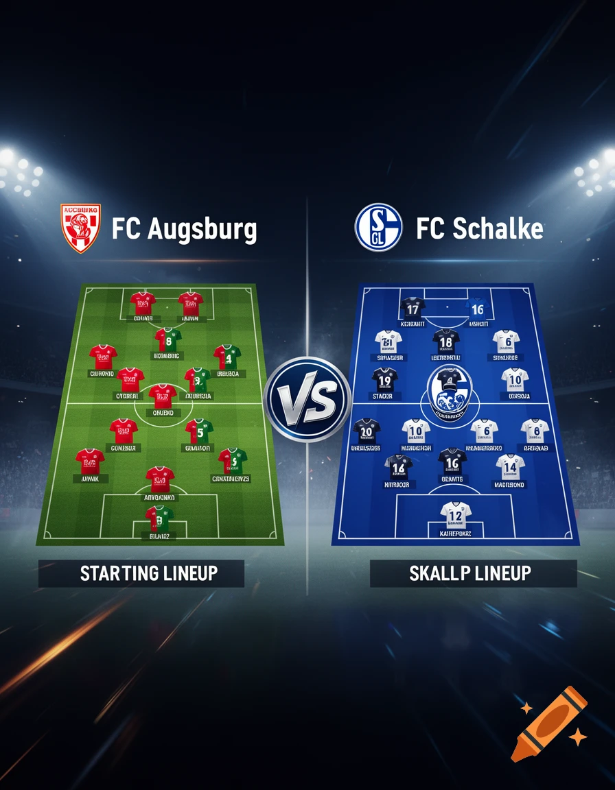 Game design graphic showing starting lineups for FC Augsburg and FC Schalke on a glowing stadium background.