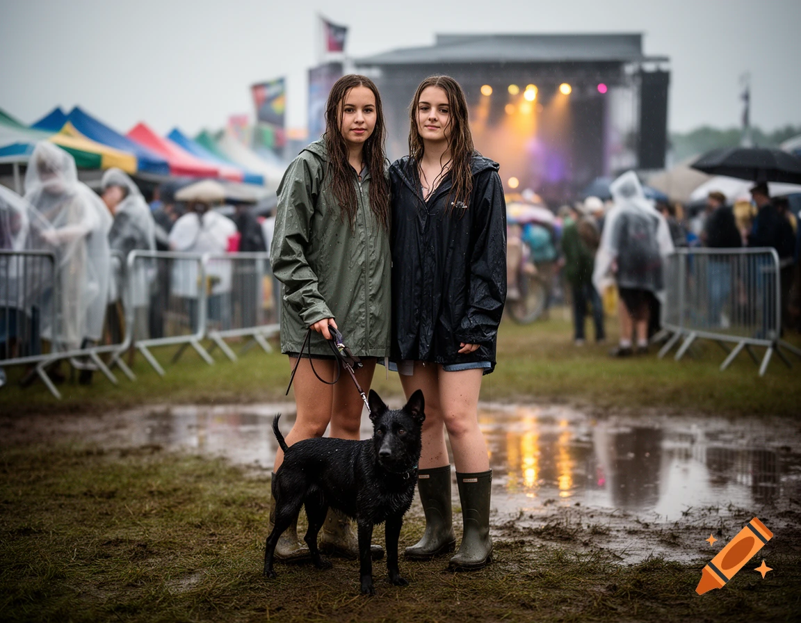 Two young women in raincoats standing in a muddy festival field at dusk, holding a small black dog on a leash.