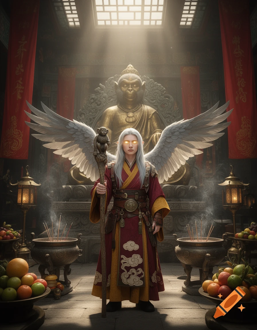An aasimar with white hair, glowing eyes, and feathered wings holding a staff in a temple with a giant monkey king statue in the background.