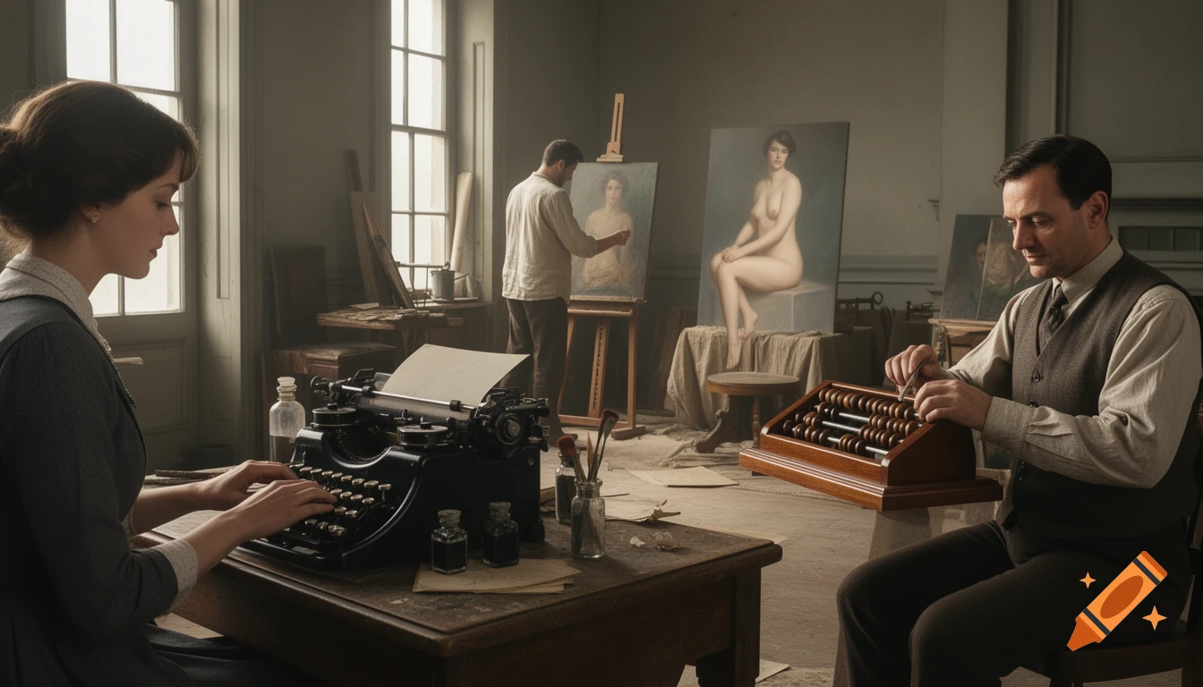 Photorealistic early 20th-century scene showing a woman typing, a man using an abacus, and an artist painting a nude model in the background.
