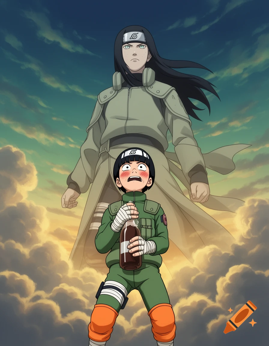 Anime style illustration of Rock Lee looking up with a flushed face holding a bottle, with a giant Neji looming in the background clouds.