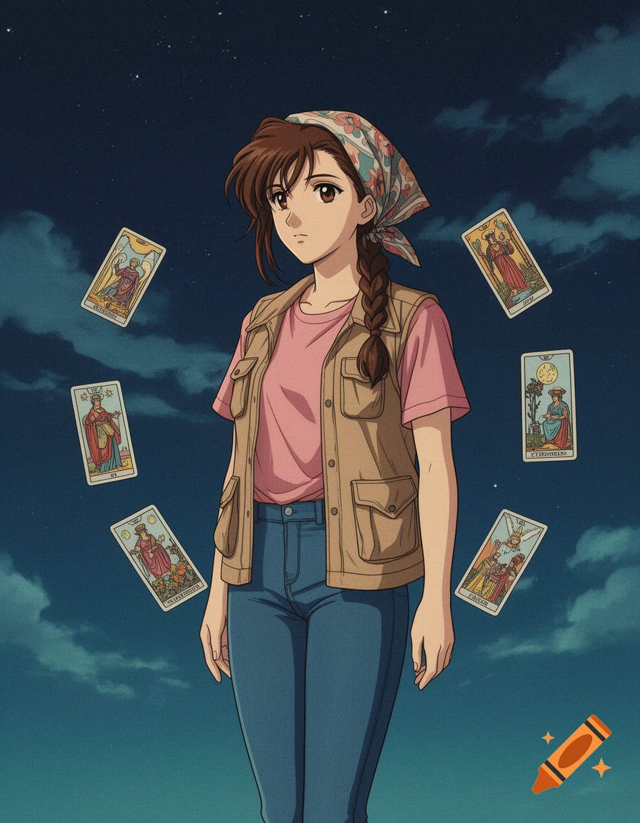 A 1990s retro anime style illustration of a young woman with a braided ponytail and headscarf surrounded by floating tarot cards at night.