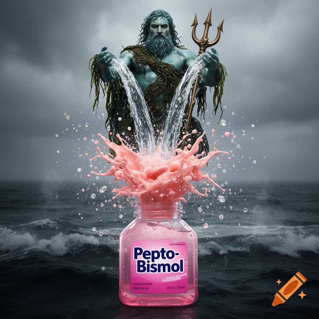 Neptune pouring water into an exploding bottle of Pepto-Bismol in a stormy sea.