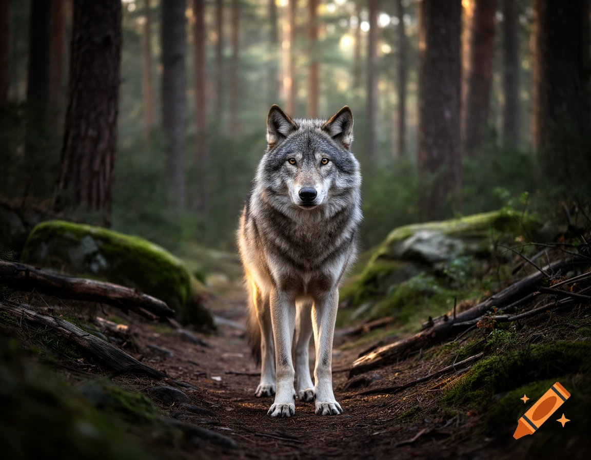 Photorealistic image of a gray wolf standing on a path in a dense pine forest.